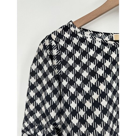Michael Kors Blouse Women XS Black White Printed Smocked Waist adjustable Sleeve - Picture 4 of 8